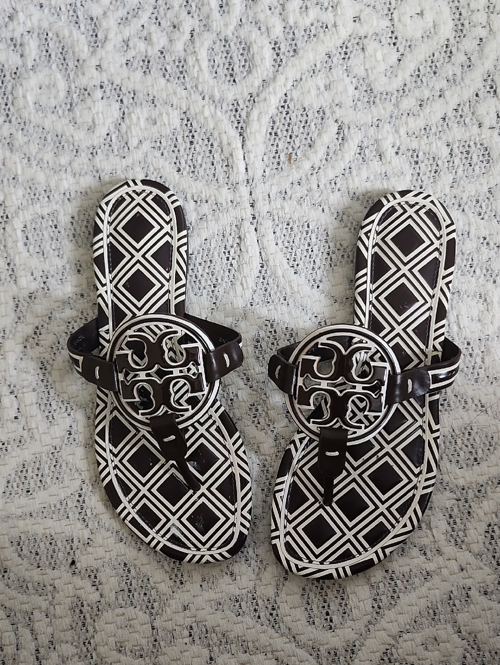 Tory Burch Dark Brown and White Logo Thong Sandals